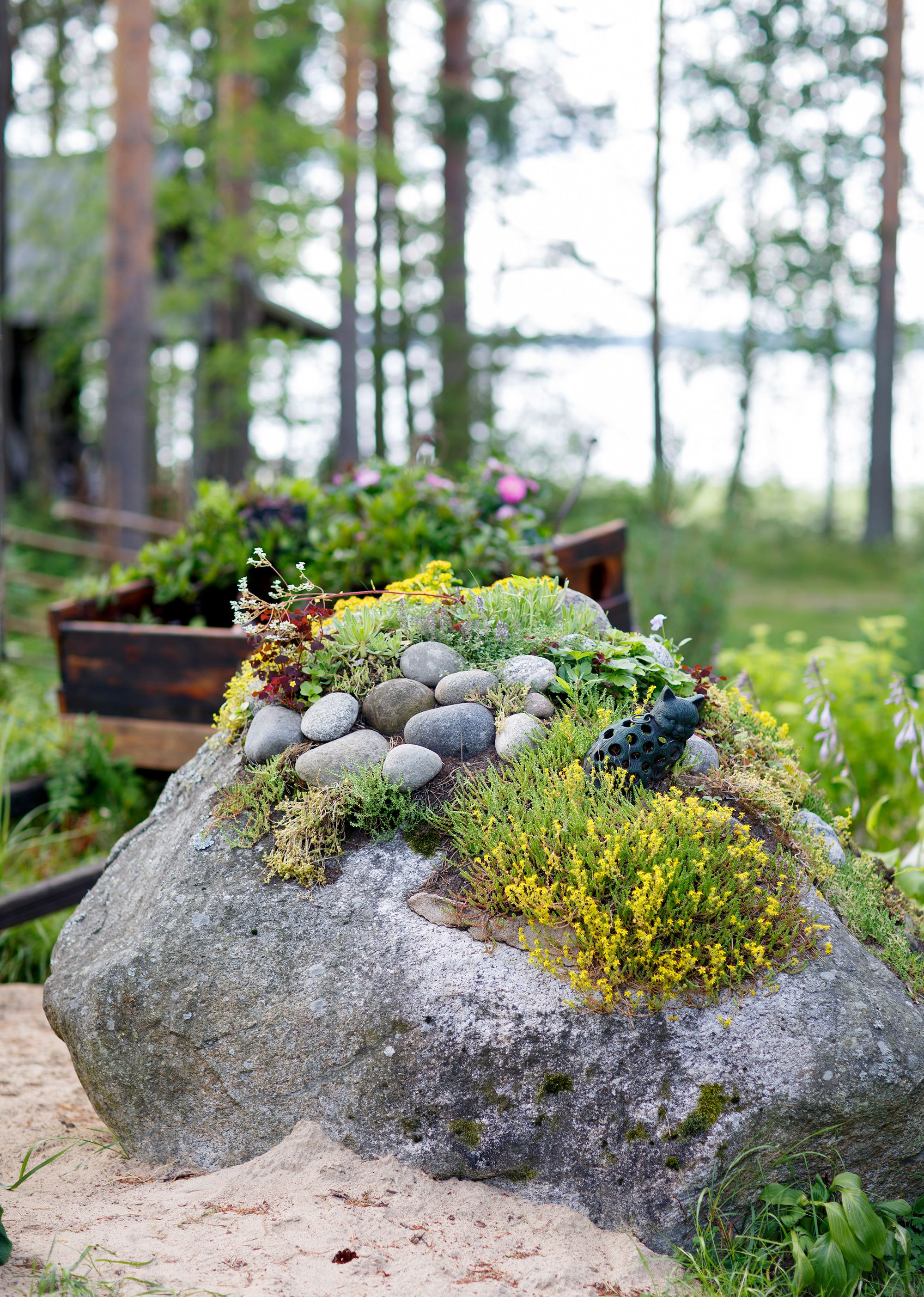 Kiviä on hyödynnetty asetelmissa.