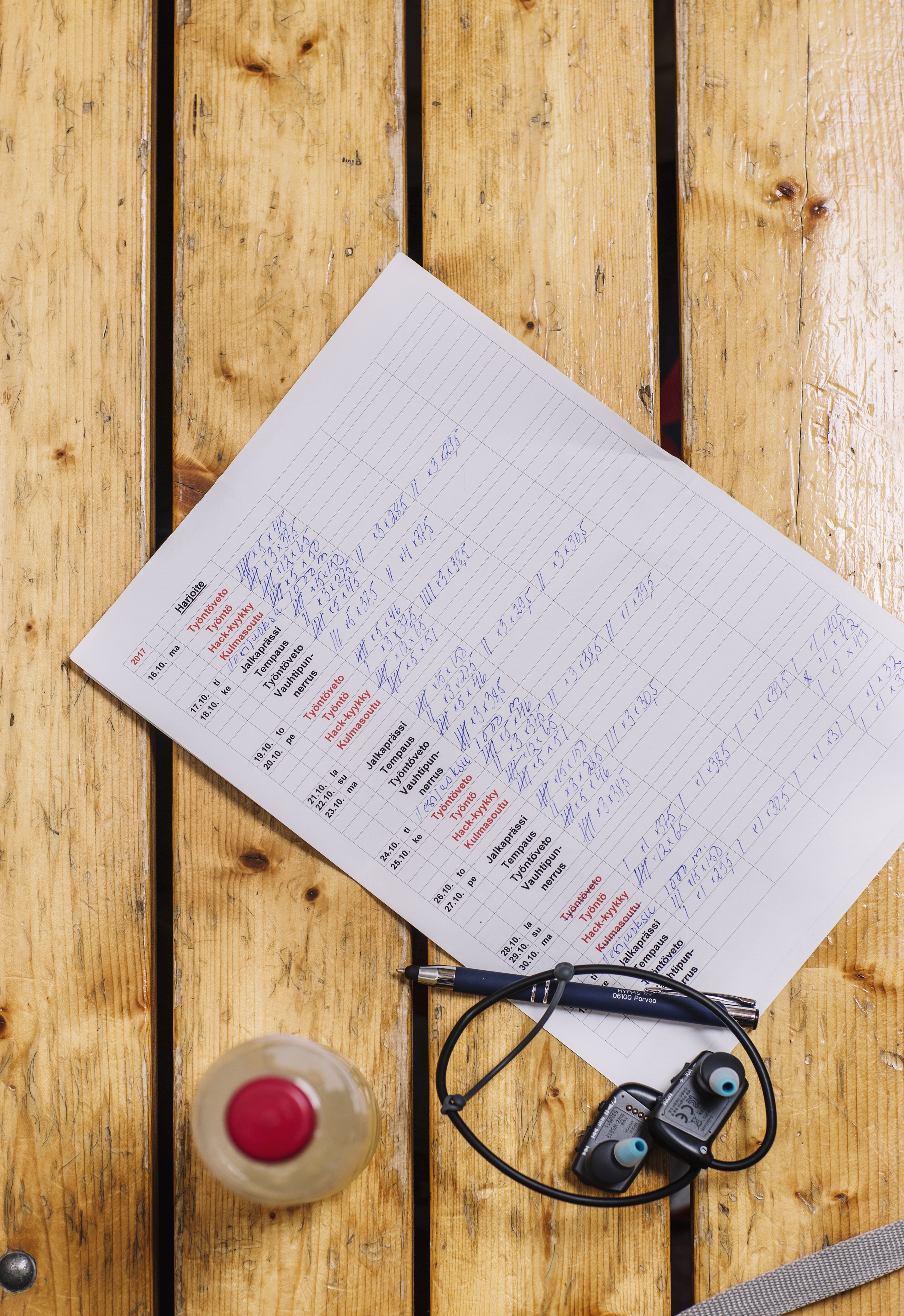 Terttu tilastoi kaikki harjoitukset, sillä merkinnöistä on mukava seurata kunnon kehittymistä.