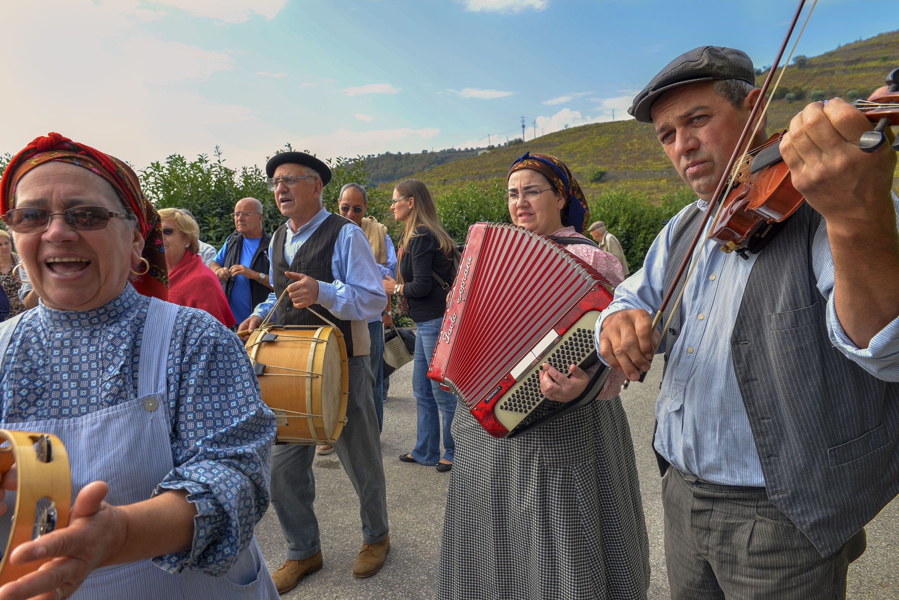 Pelimanniryhmä tervehtii sadonkorjuujuhlaan saapuvia Campanhãn viinitilalla. 