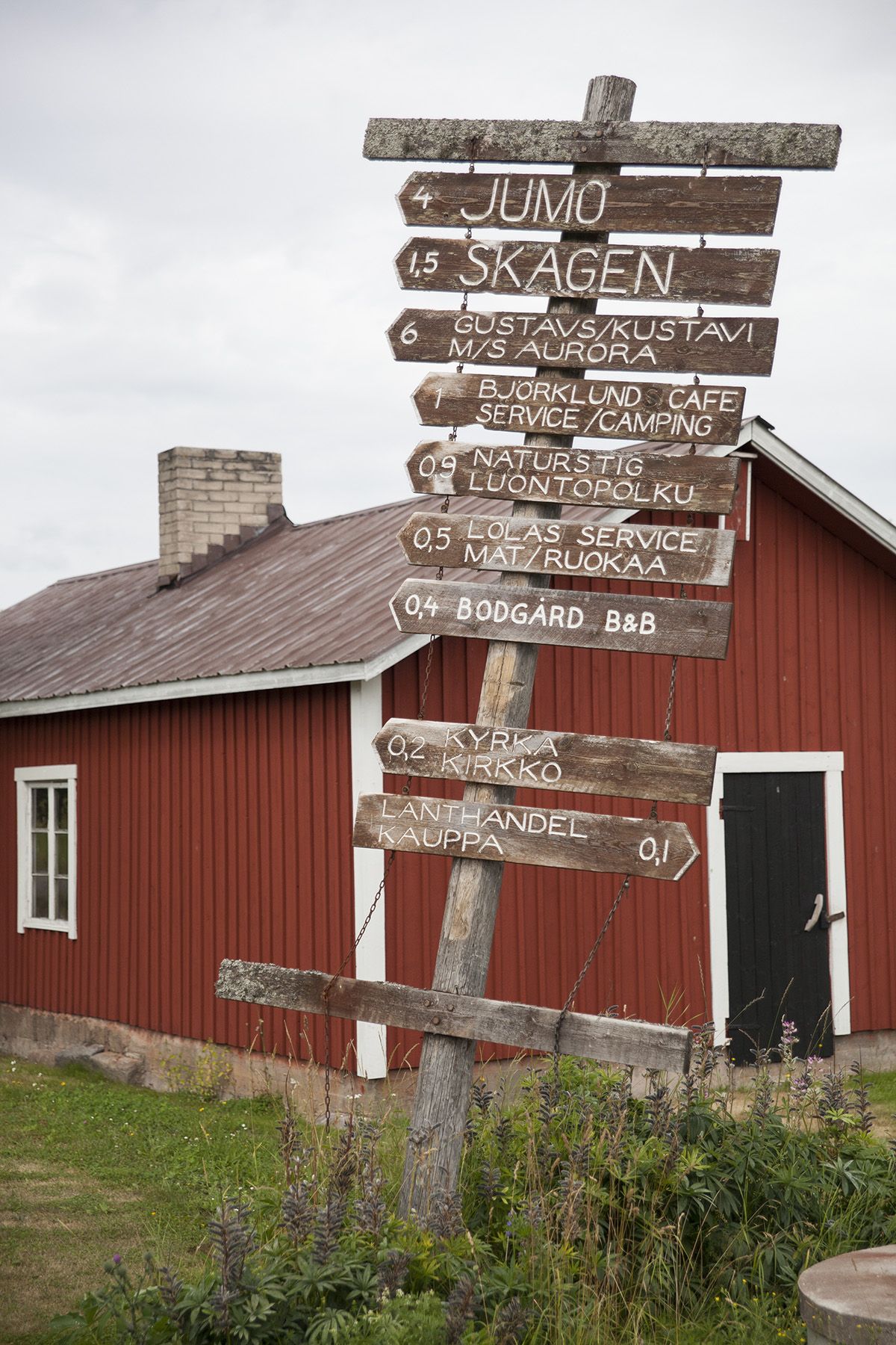Tienvarren viitta Iniössä kertoo etäisyyksistä, palveluista ja nähtävyyksistä.
