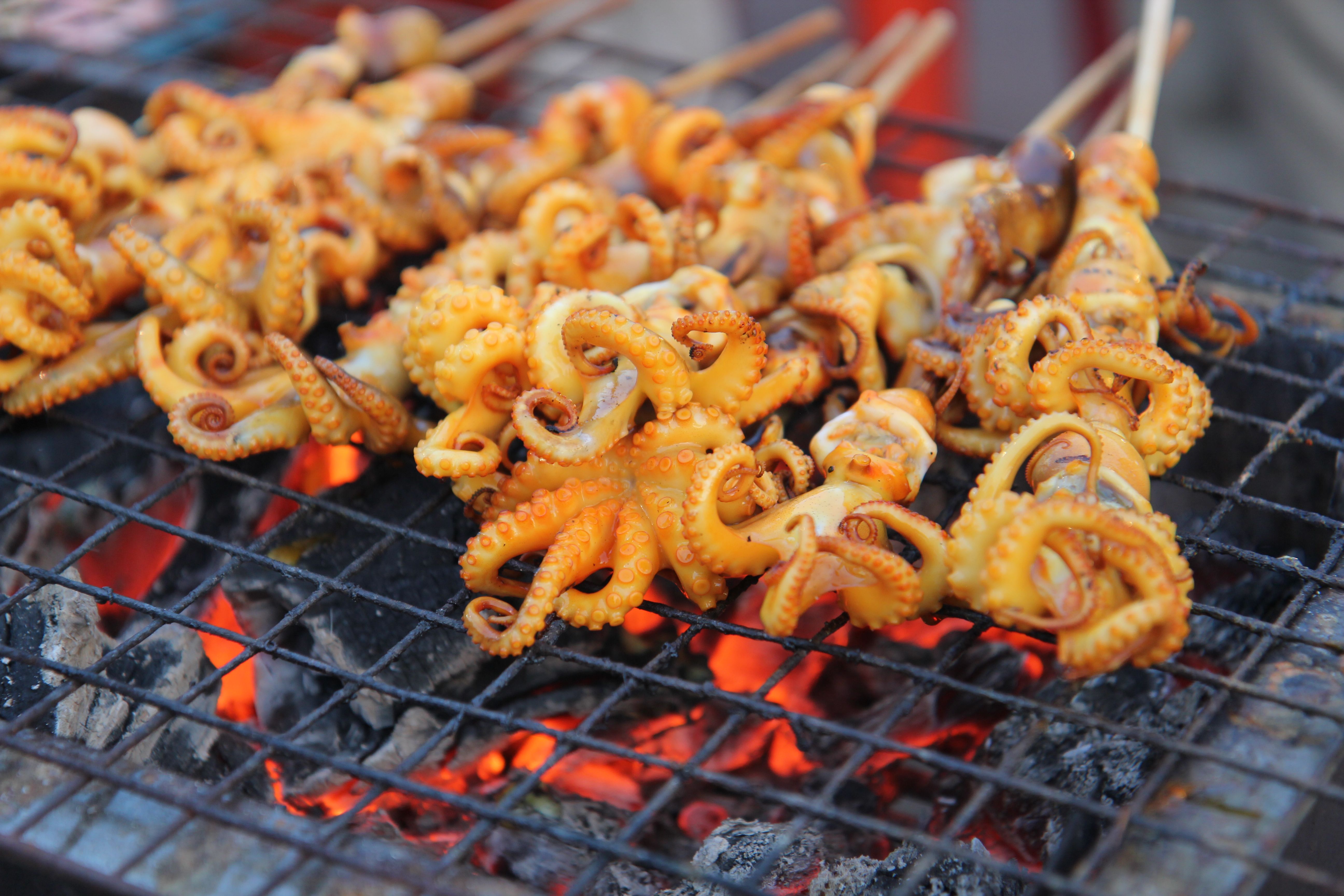 Klaengin yömarkkinoilla maistoimme pieniä mustekaloja.