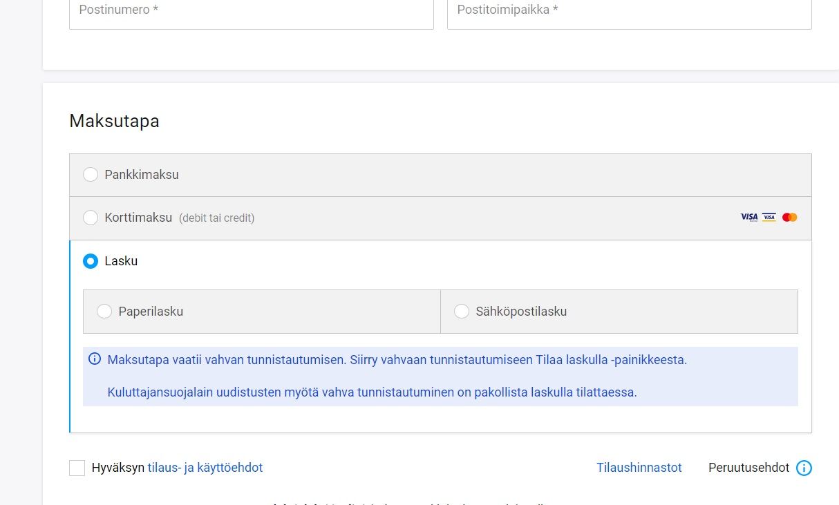 Ennen tilauksen vahvistamista on palvelun varmistuttava tilaajan henkilöllisyydestä. Se tapahtuu pankkitunnusten eli vahvan tunnistautumisen avulla.